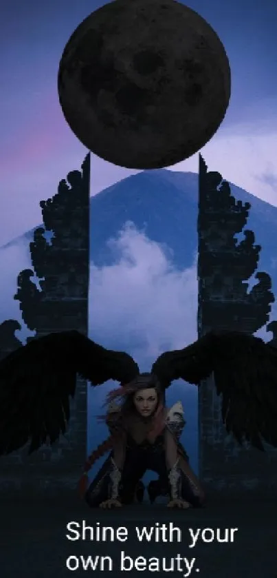 Celestial angel under full moon with mountainous background.