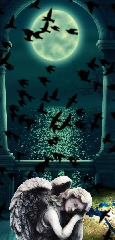 Mystical wallpaper with moonlit angel and flying birds.