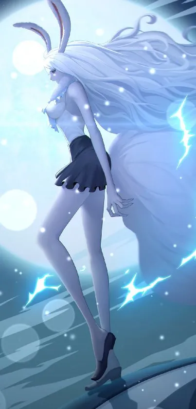 Anime character with long hair and rabbit ears under a bright moon with lightning.