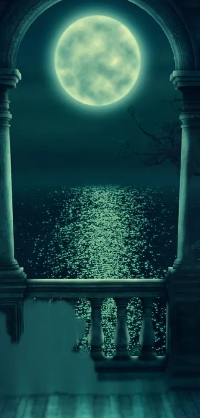 Moonlit balcony overlooking a calm ocean with an ethereal glow.