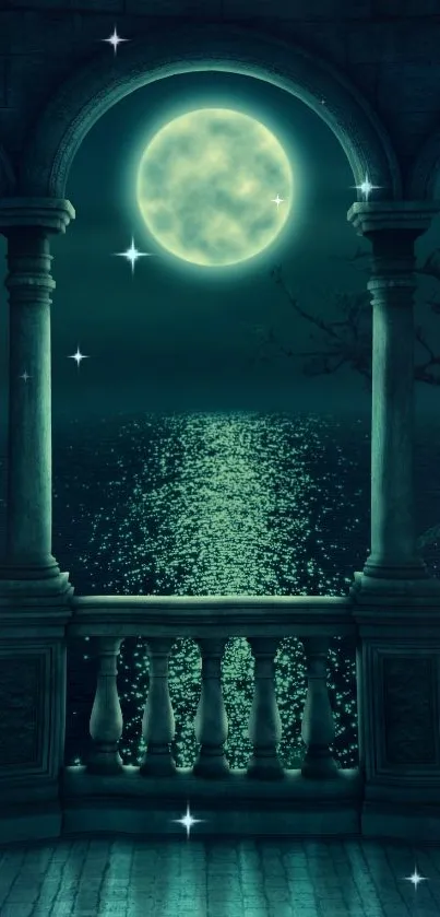 Mystical moonlit balcony with arches and shimmering sea view.