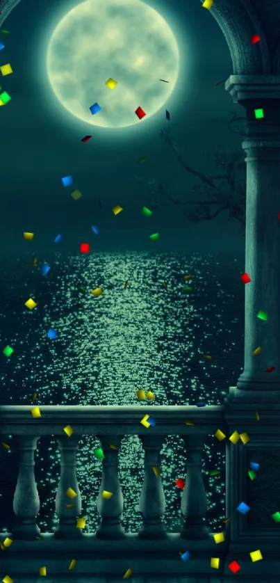 Mystical moonlit balcony with ocean view and colorful confetti.