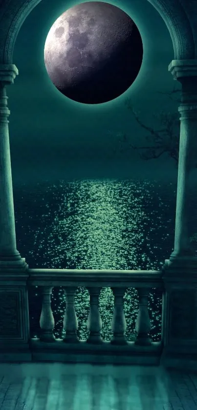 Mystical moonlit balcony with serene teal glow.