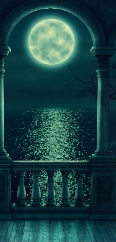 Moonlit balcony with ocean reflections under a full moon sky.