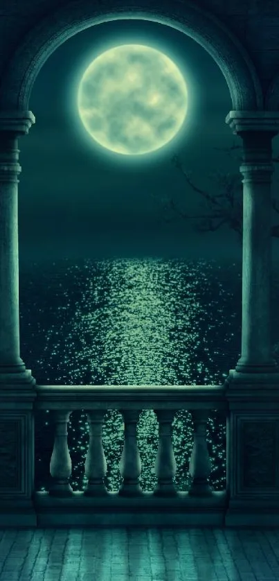 Mystical balcony with full moon and roses at night on the ocean.