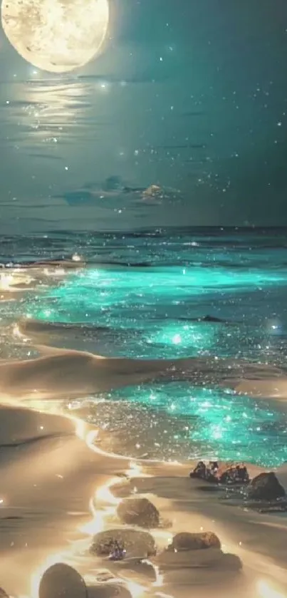 Mystical moonlit beach with glowing turquoise waters and sand.