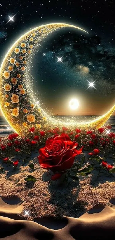 Crescent moon and roses on a beach at night.