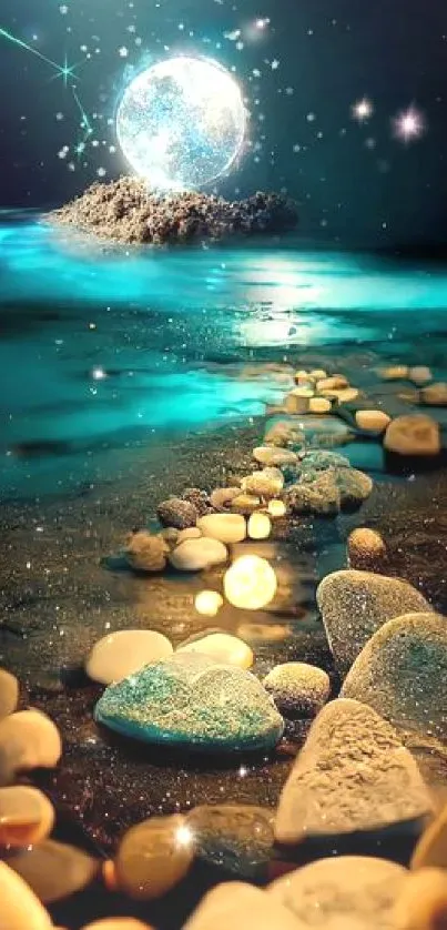 Mystical beach path with glowing moon and stars in a serene night setting.