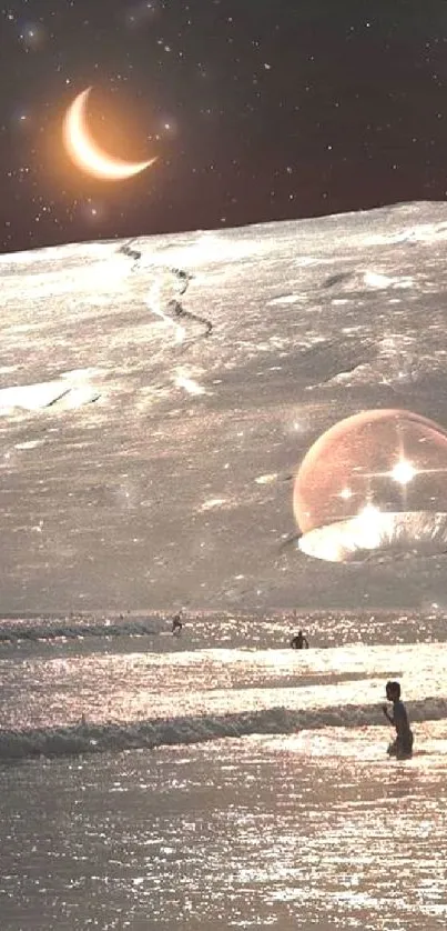 Surreal lunar landscape with crescent moon over a tranquil beach.