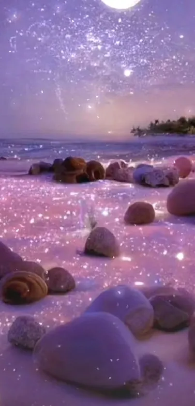 Magical moonlit beach with sparkling stars and a serene ocean under a purple sky.