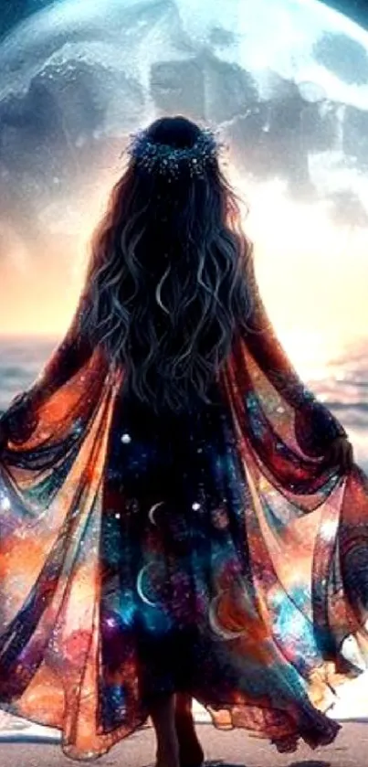 Mystical figure with cosmic cloak on moonlit beach.