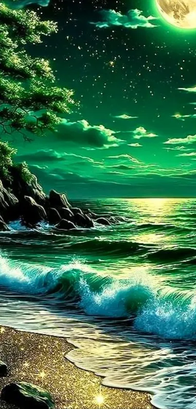 Moonlit beach with waves under a starry night sky.