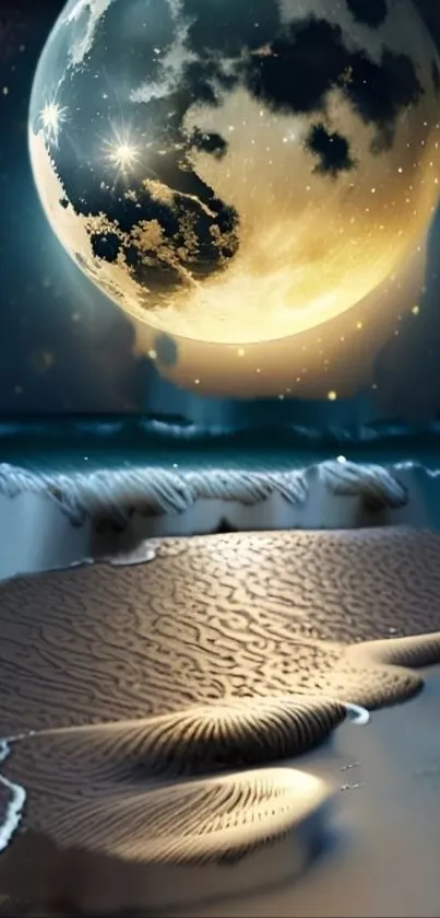 A celestial moon overlooking a tranquil ocean and sandy beach at night.