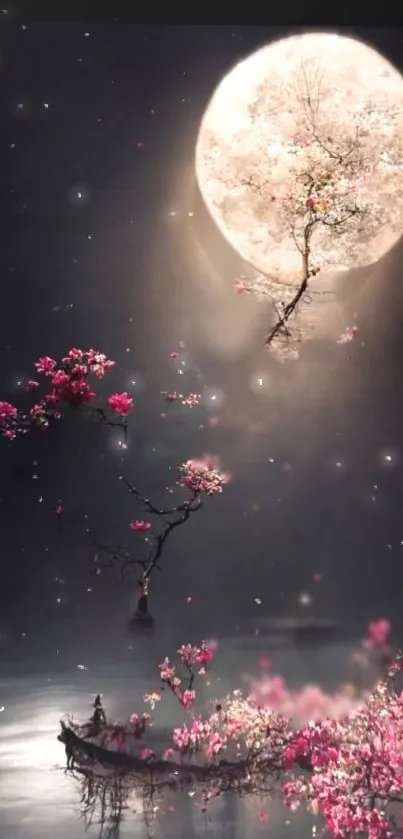 Moonlit scene with cherry blossoms and full moon reflecting on water.