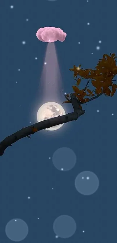 Mobile wallpaper of a moonlit branch with a pink cloud in a dark blue sky.