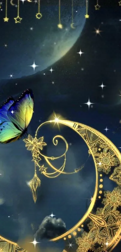 Mystical wallpaper with moon, butterfly, and stars.