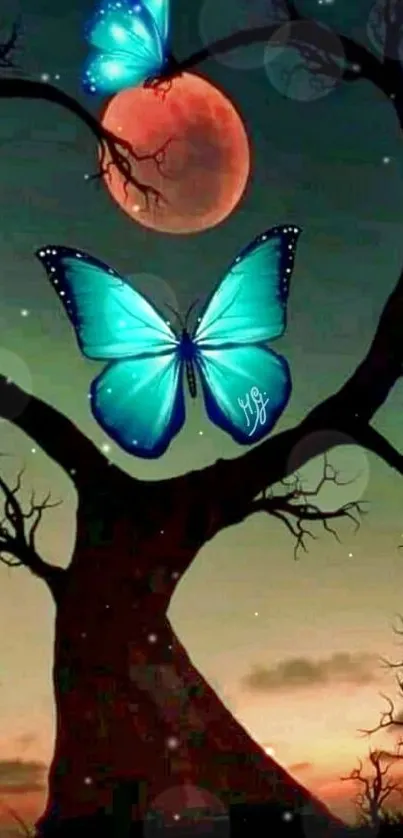 Heart-shaped tree with butterflies under moon.