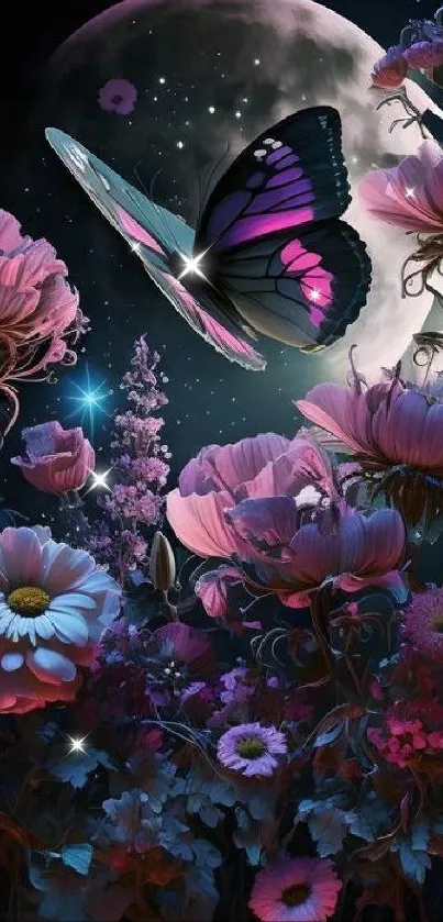 Mystical butterfly in moonlit garden scene with vibrant flowers.