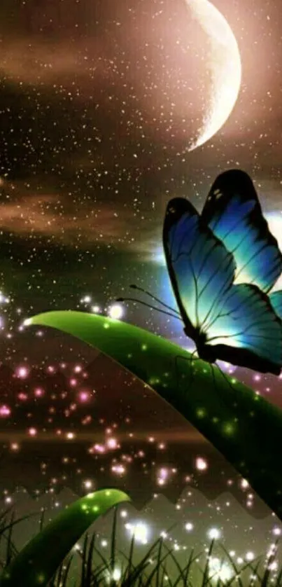 Mystical wallpaper with a butterfly under a crescent moon.