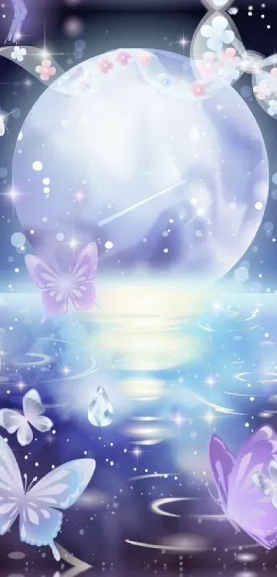 Mystical moonlit scene with butterflies and pastel hues.