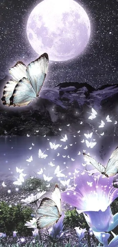 Butterfly night scene with moonlit sky and luminous flowers.