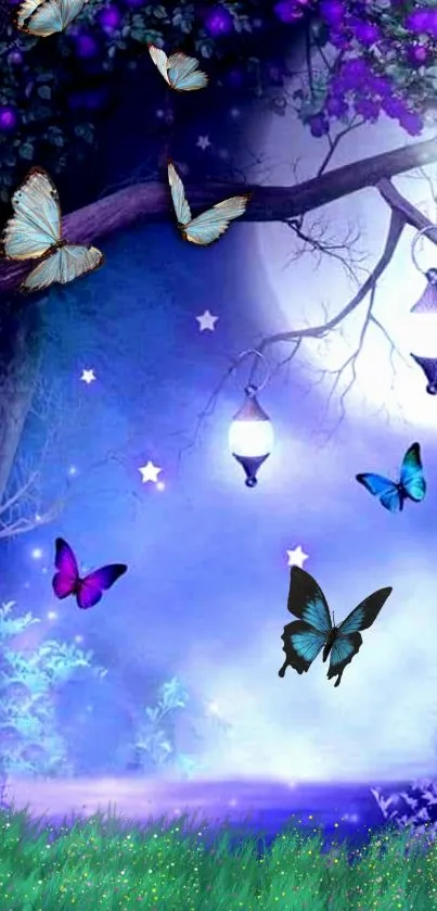 Enchanting night scene with butterflies and moonlight for a mobile wallpaper.