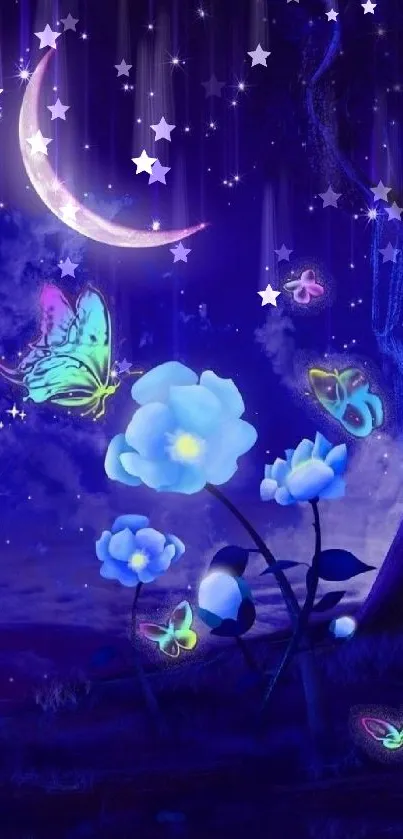 Moonlit scene with glowing butterflies and flowers.