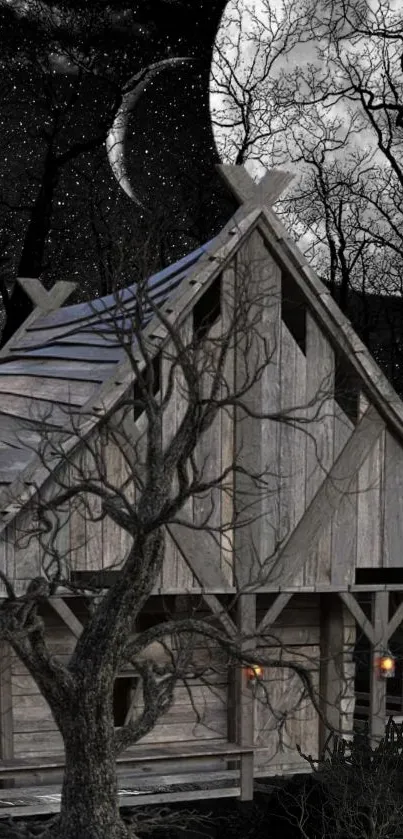 Mystical wooden cabin under starry moonlit sky.