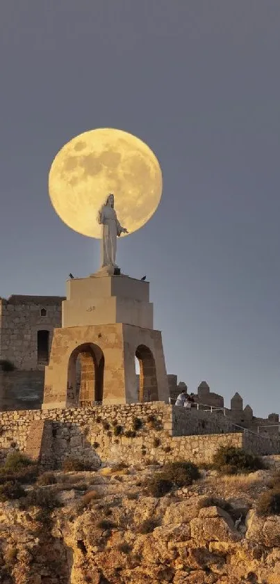 Full moon rising over ancient castle at twilight, creating a mystical landscape.