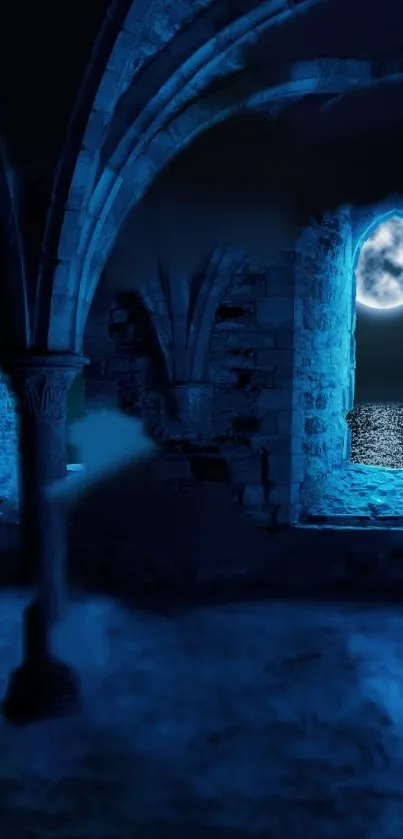 Moonlit gothic castle room with blue ambiance.