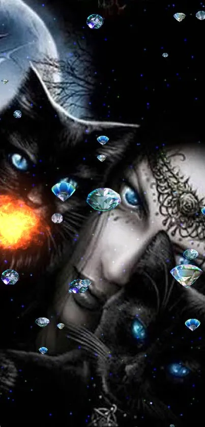 Mystical wallpaper of cats with blue eyes under a moonlit night.