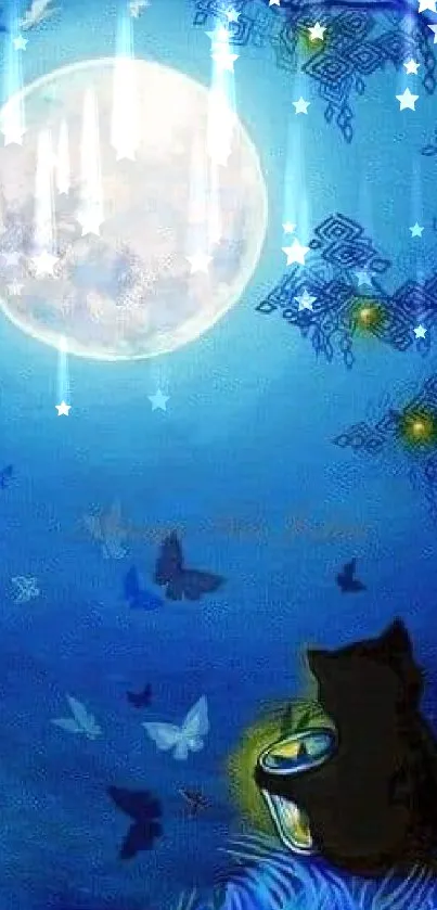 Cat under moon with butterflies in blue night scenery.