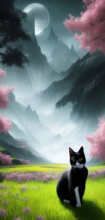 A mystical landscape with a cat under a moonlit sky and pink cherry blossoms.