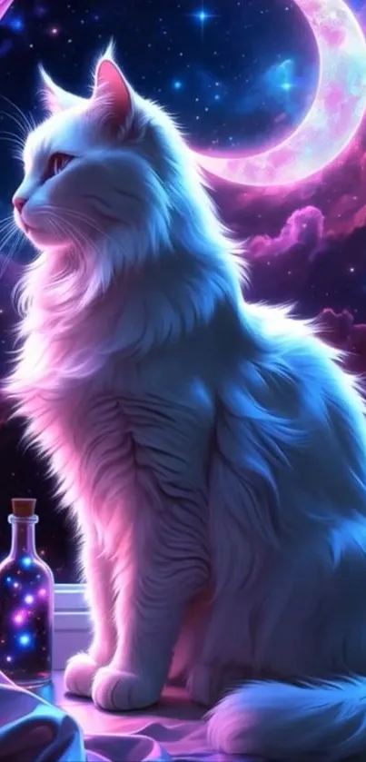 White cat under a mystical moonlit sky.