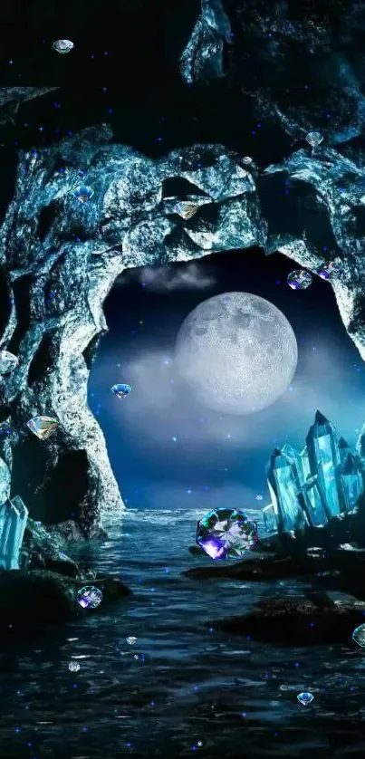 Moonlit cave with glowing blue crystals and night sky scene.