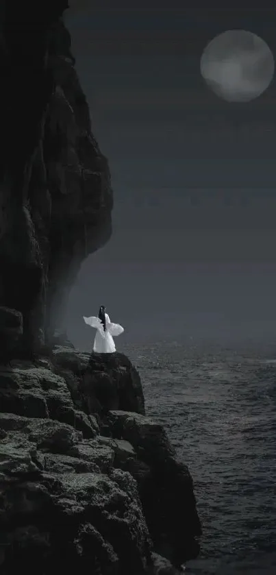 A mysterious moonlit cliff side with ocean waves below and a full moon above.