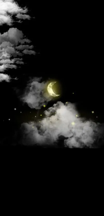 Moonlit clouds and stars on a dark wallpaper background.