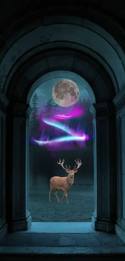 A deer stands under a colorful aurora and full moon, framed by ancient arches.