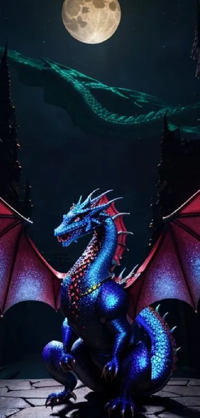 Colorful dragon with open wings under a full moon night.