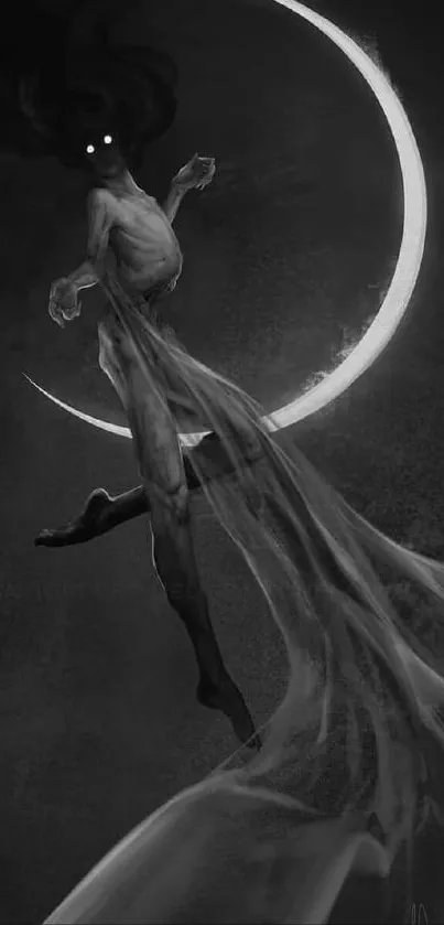 Ethereal figure with glowing eyes in front of a crescent moon on dark wallpaper.