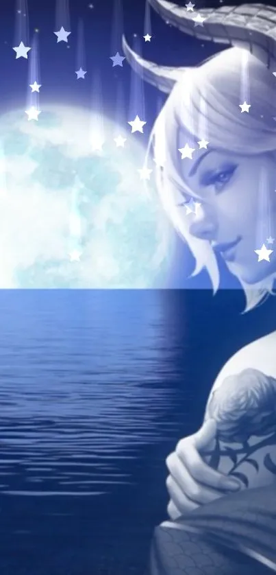 Fantasy art wallpaper with moon, stars, and a mystical female figure over ocean.