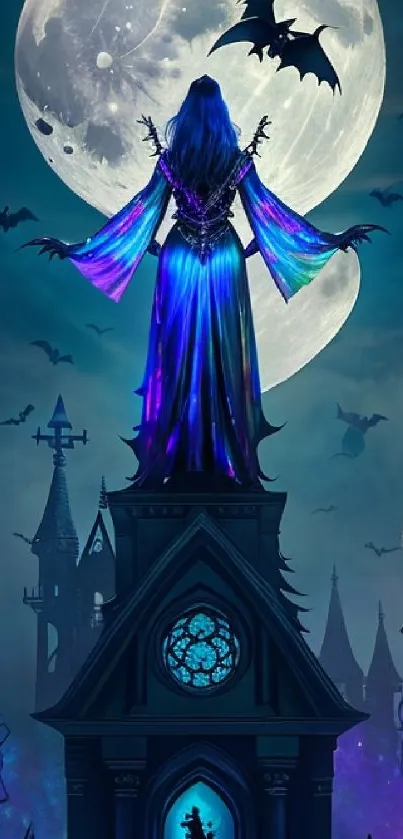 Fantasy wallpaper with moonlit gothic scene and bats, featuring a mystical figure.