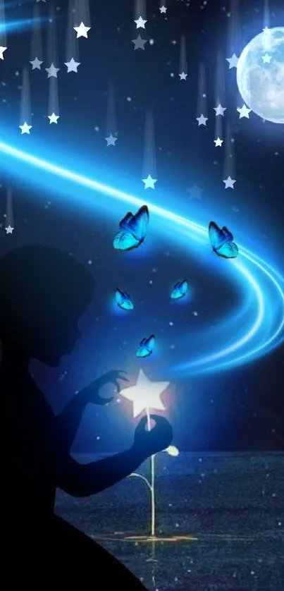 Silhouette with moon, stars, and butterflies in a night sky.