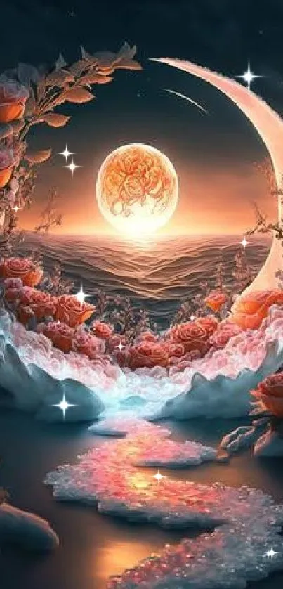 Mystical moonlit scene with roses and glowing orb in fantasy landscape.