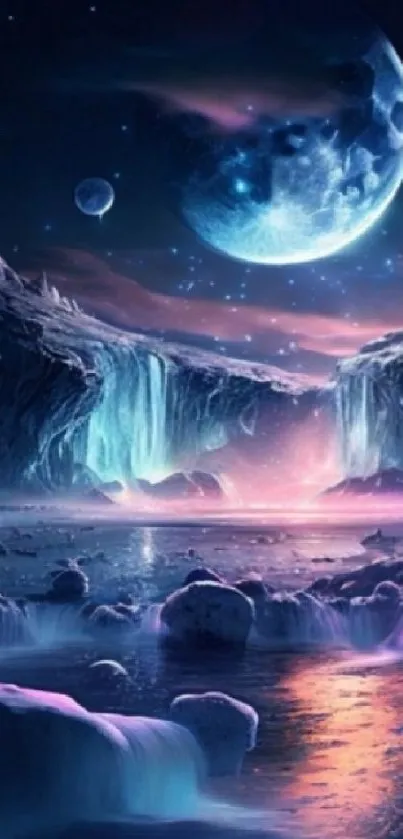 Mystical moonlit landscape with waterfalls and stars.