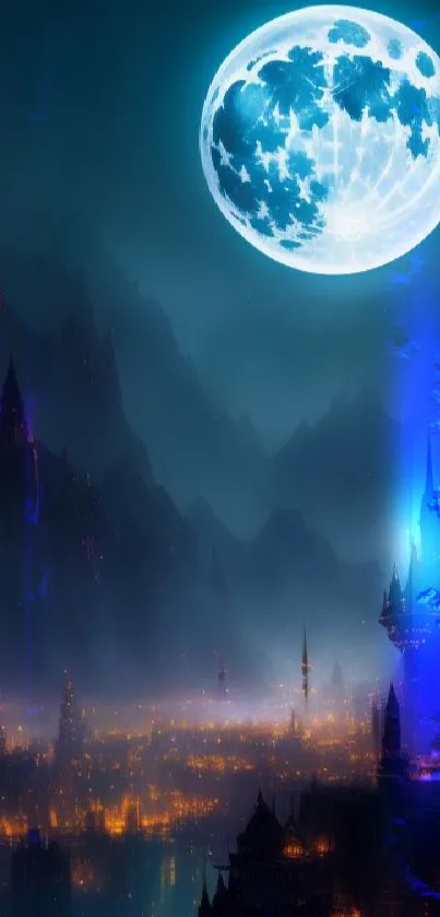 Mystical fantasy scene with a bright full moon and cityscape.