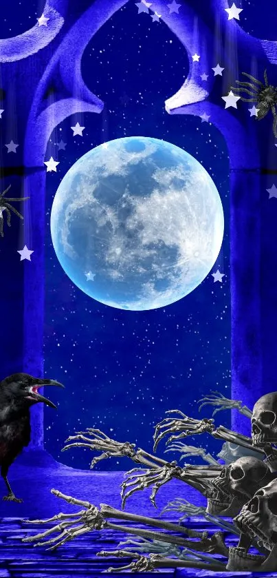 Mystical moonlit scene with crows and skeletons against a dark blue sky.