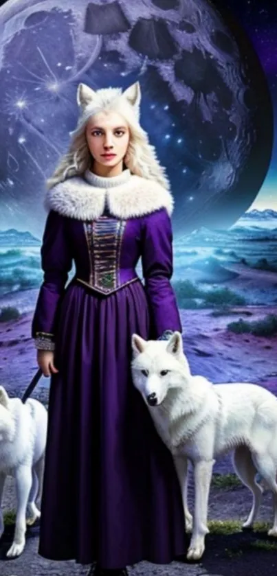 Fantasy figure with wolves under moonlit sky.