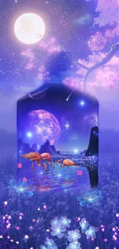 Enchanting fantasy wallpaper with moonlit blossoms and purple hues.