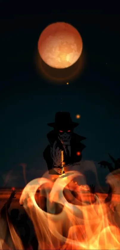 Mystical figure with glowing moon and flames in a dark setting.